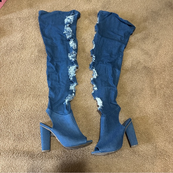 Blue Denim Thigh High Peep-Toe Boots - Picture 1 of 3